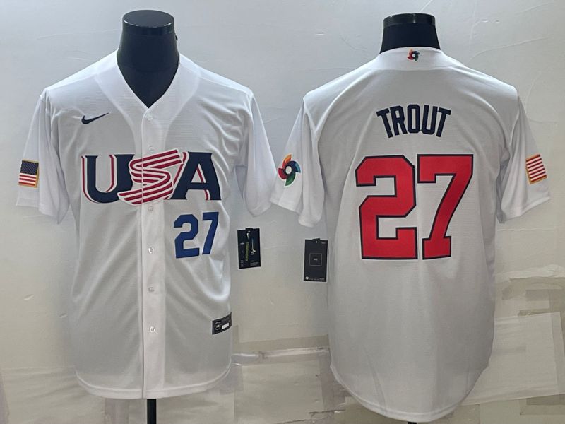 Men 2023 World Cub USA 27 Trout White Nike MLB Jersey